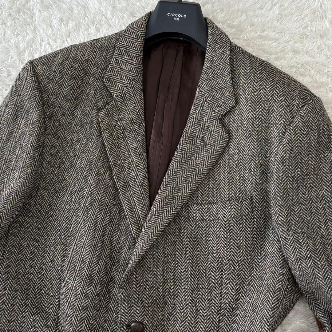 ハリスツイード テーラードジャケット ヘリンボーン くるみボタン パッチ 3L