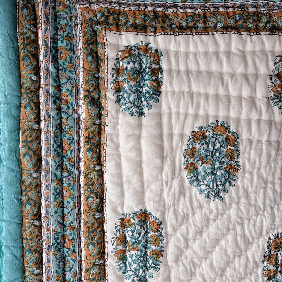 未使用※インド ブロックプリント 中綿入りキルト サファイア　マルチラグカバー