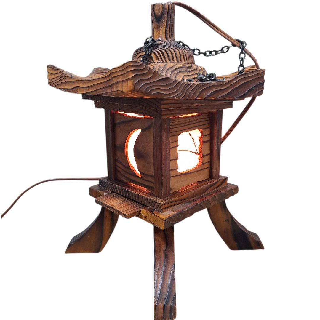 木製 和風行灯 灯籠 卓上照明 月窓 民芸調 通電OK