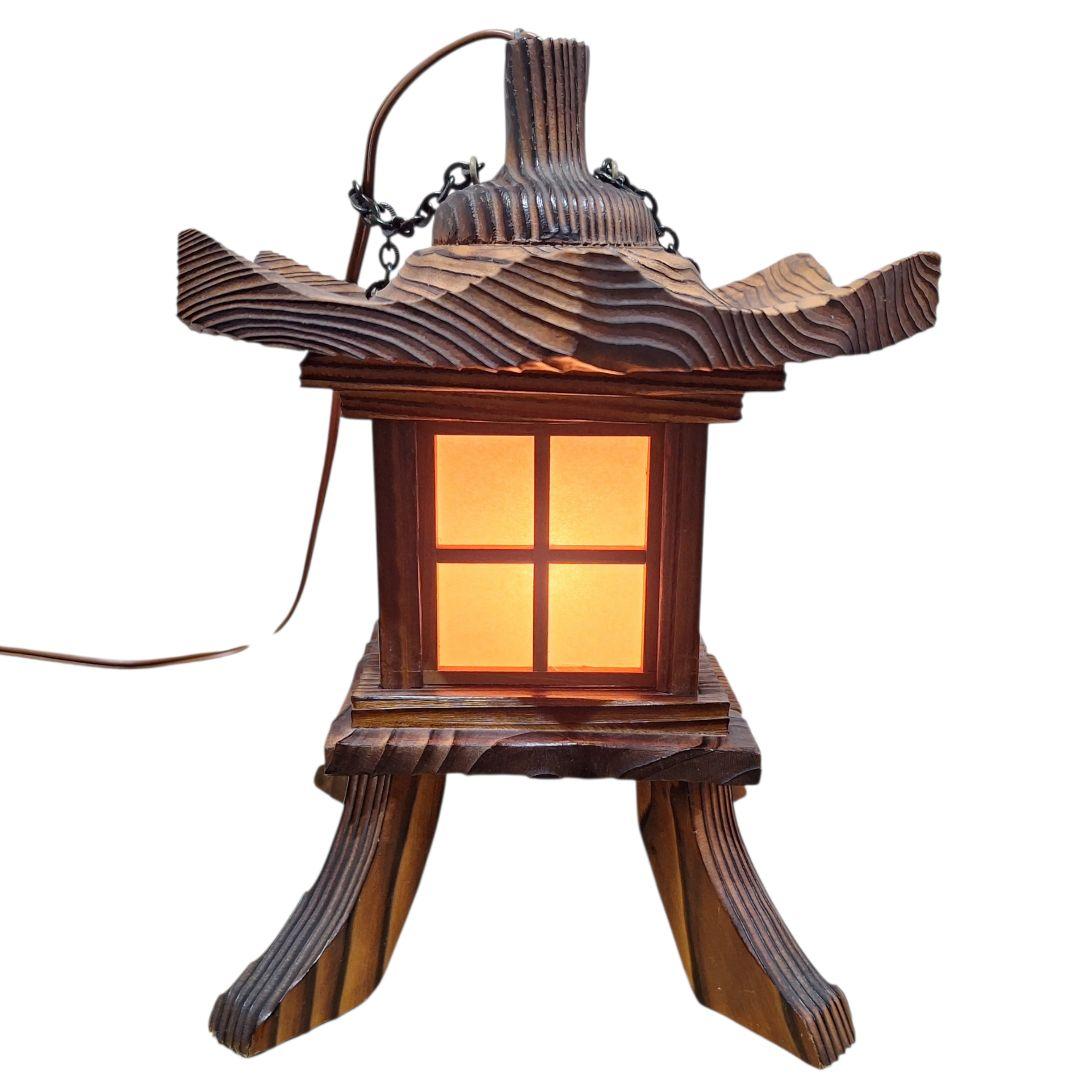 木製 和風行灯 灯籠 卓上照明 月窓 民芸調 通電OK