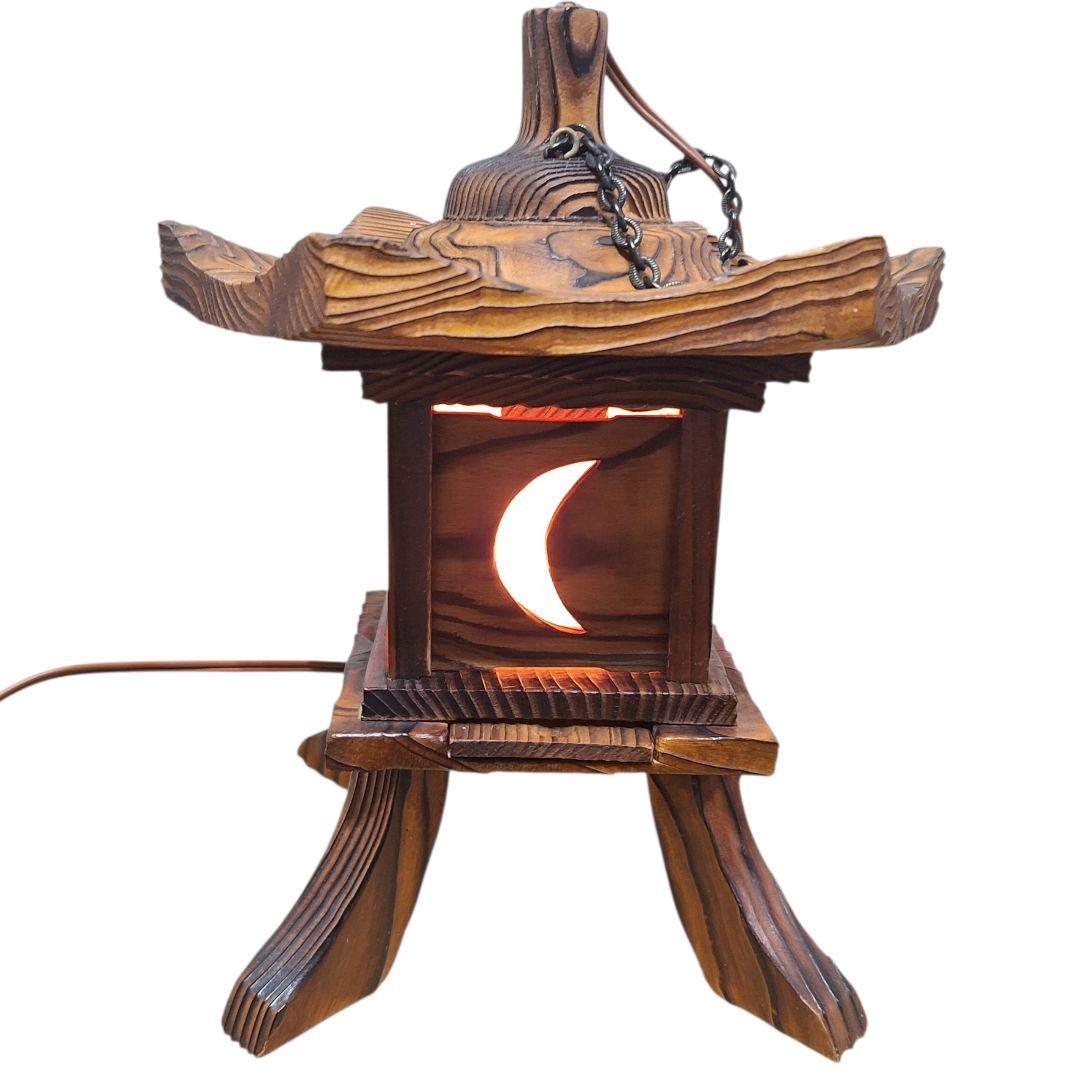 木製 和風行灯 灯籠 卓上照明 月窓 民芸調 通電OK