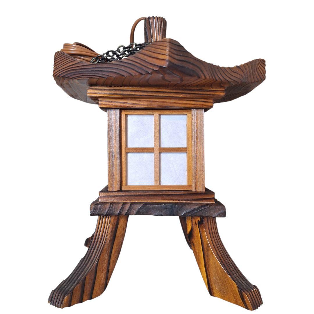 木製 和風行灯 灯籠 卓上照明 月窓 民芸調 通電OK