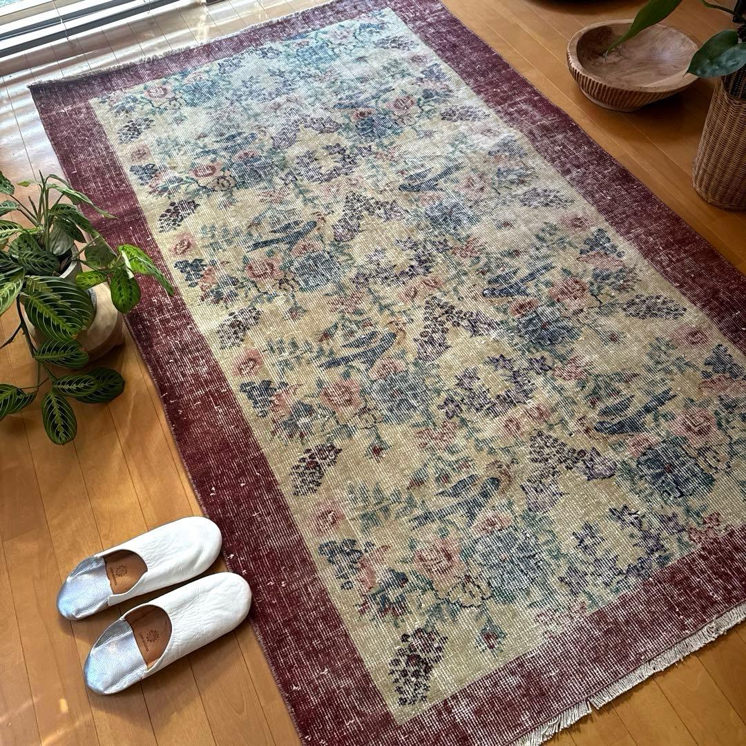 貴重116×190幸せの青い鳥　birdラグボタニカル　トルコヴィンテージラグ