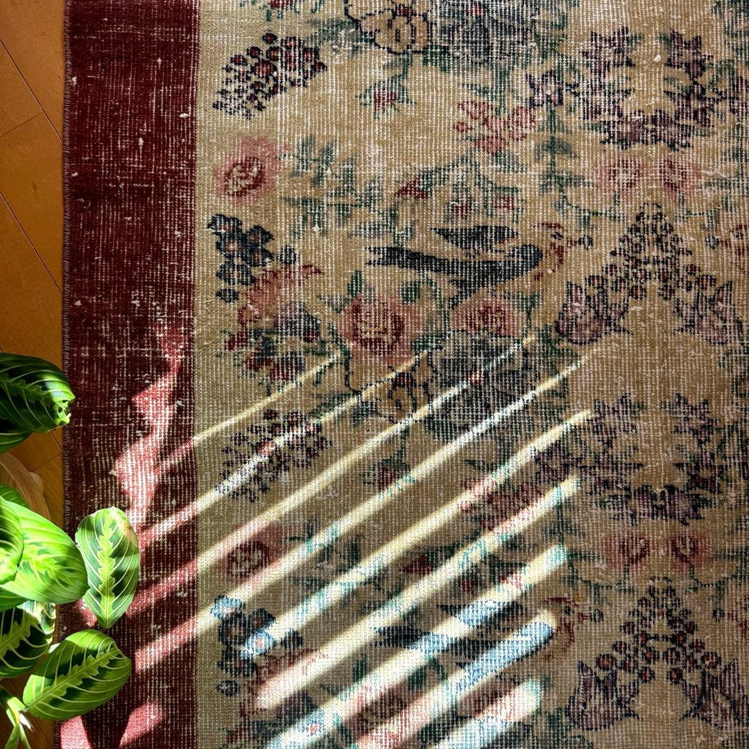 貴重116×190幸せの青い鳥　birdラグボタニカル　トルコヴィンテージラグ