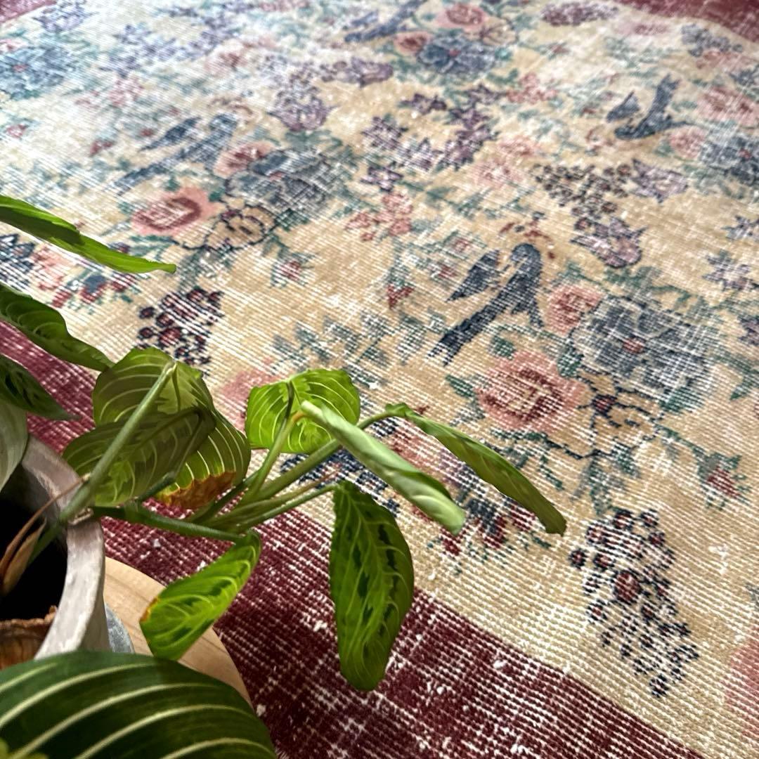 貴重116×190幸せの青い鳥　birdラグボタニカル　トルコヴィンテージラグ