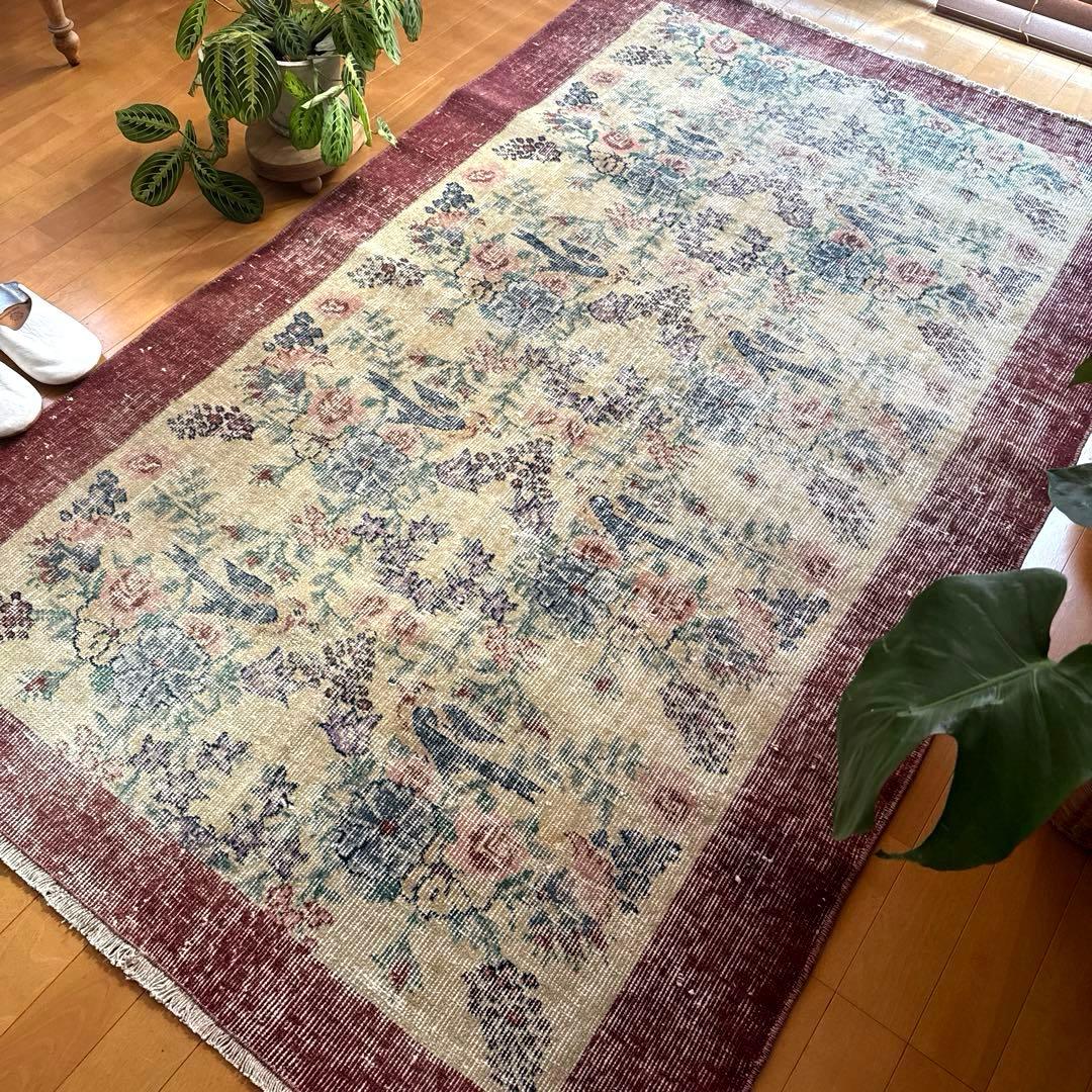 貴重116×190幸せの青い鳥　birdラグボタニカル　トルコヴィンテージラグ