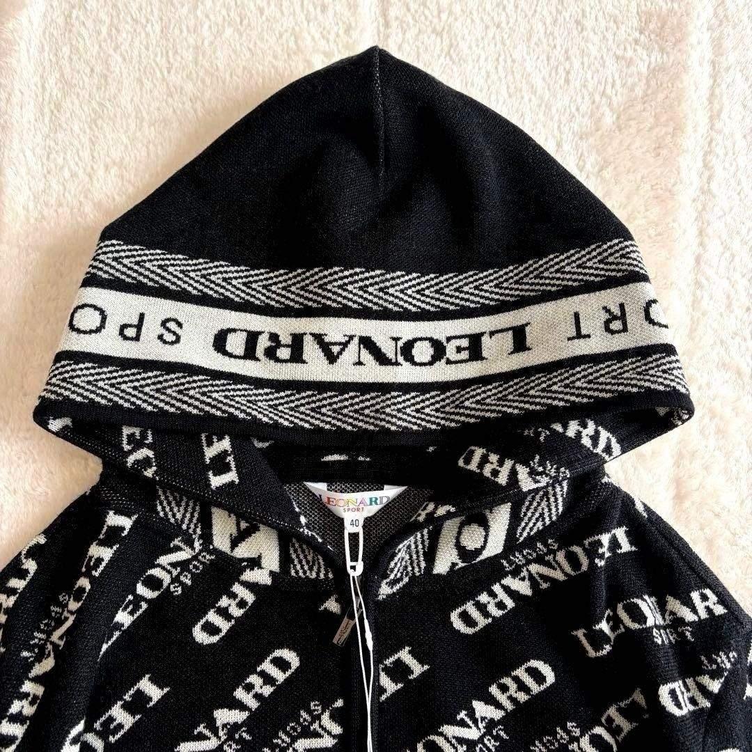 激カワ♡近年タグ付き未使用 レオナール ロゴ総柄ジップアップパーカー 黒×白 Ｌ