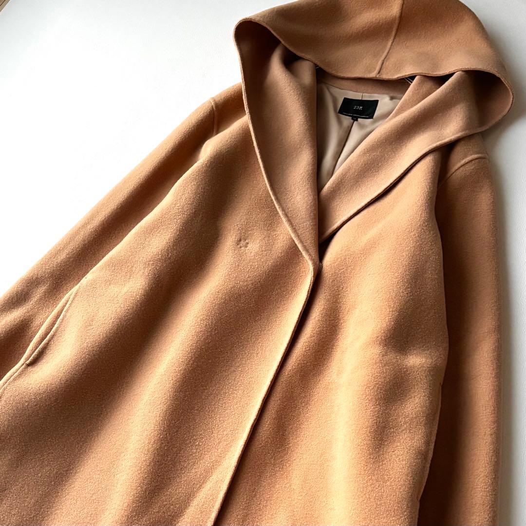 【大きいサイズ】23区　ウールリバー フード付き ミドル丈コート　キャメル　46
