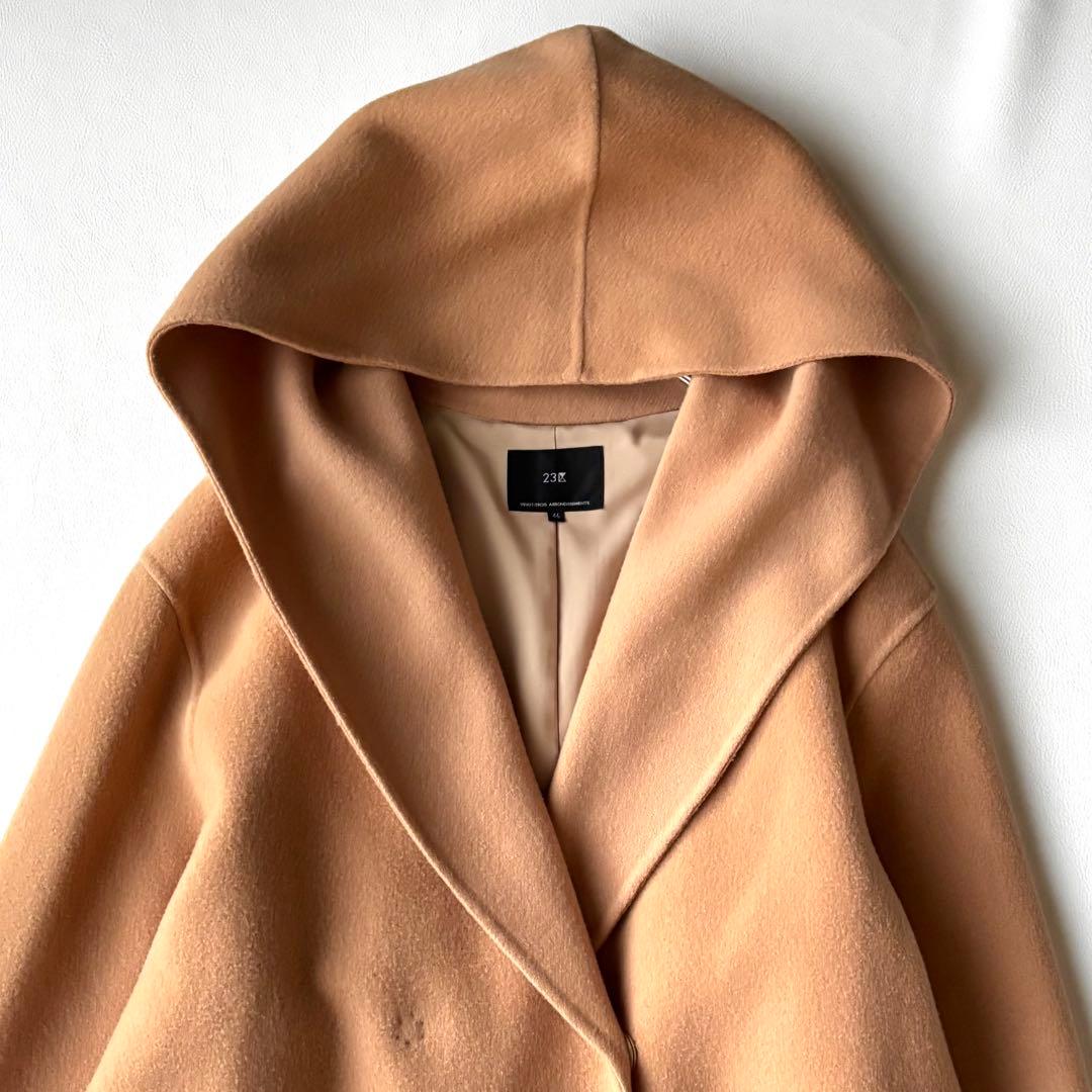 【大きいサイズ】23区　ウールリバー フード付き ミドル丈コート　キャメル　46