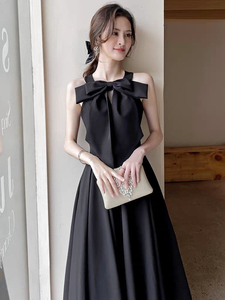 大人エレガント✭ひざ丈ブラックドレス✭高級感リボン✭デート&結婚式、二次会対応