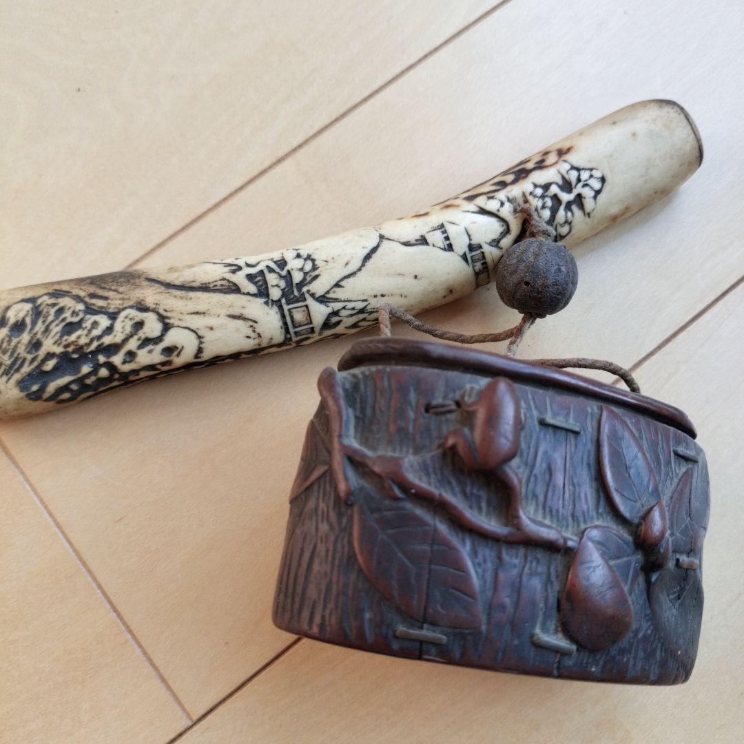 は*ま様 骨董品　古美術　アンティーク　キセル入れ　煙草入れ　 鹿角　彫刻　喫煙