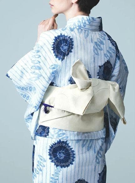 半額以下★最終価格★美術サロン高級浴衣 近江ちぢみ藍捺染 白紺　知多木綿　麻混