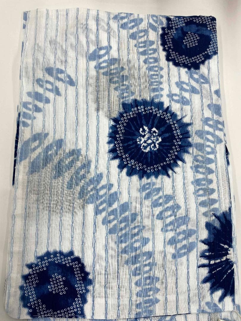 半額以下★最終価格★美術サロン高級浴衣 近江ちぢみ藍捺染 白紺　知多木綿　麻混