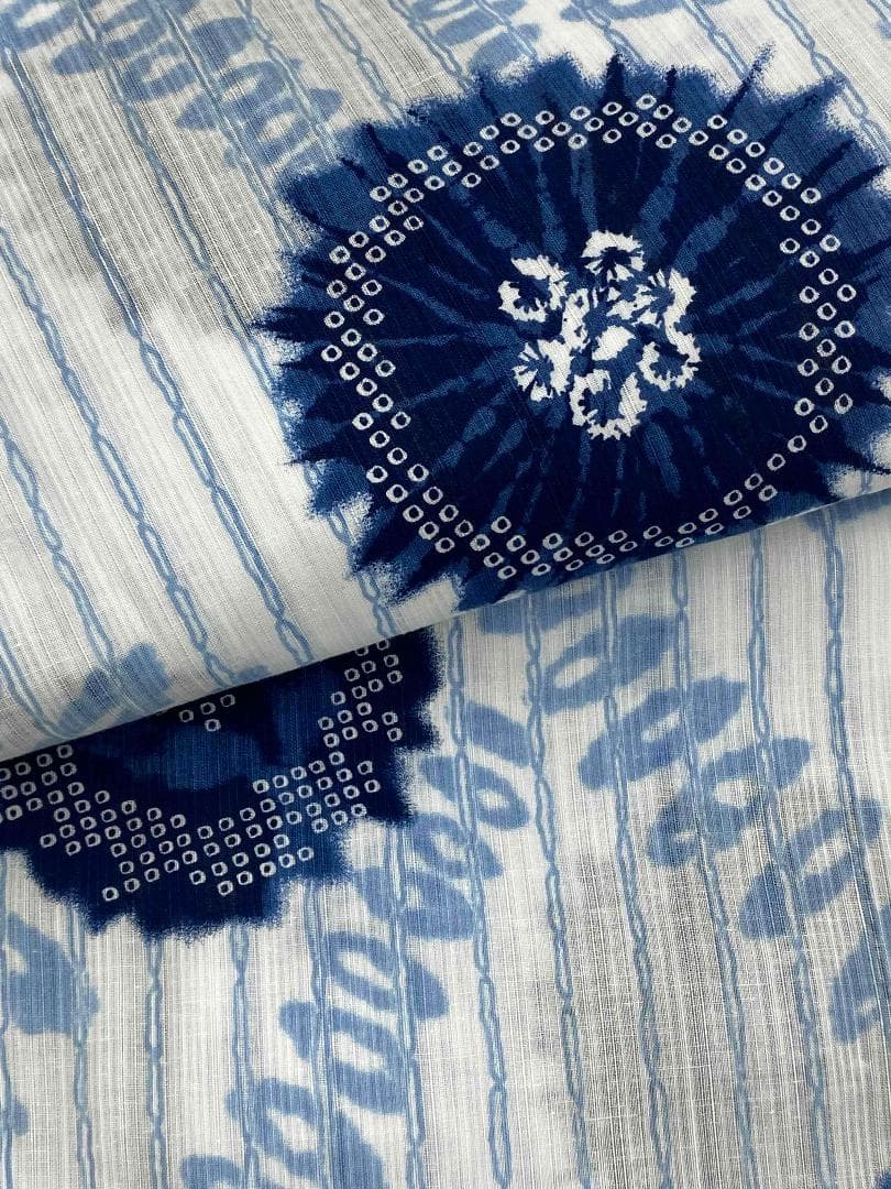 半額以下★最終価格★美術サロン高級浴衣 近江ちぢみ藍捺染 白紺　知多木綿　麻混