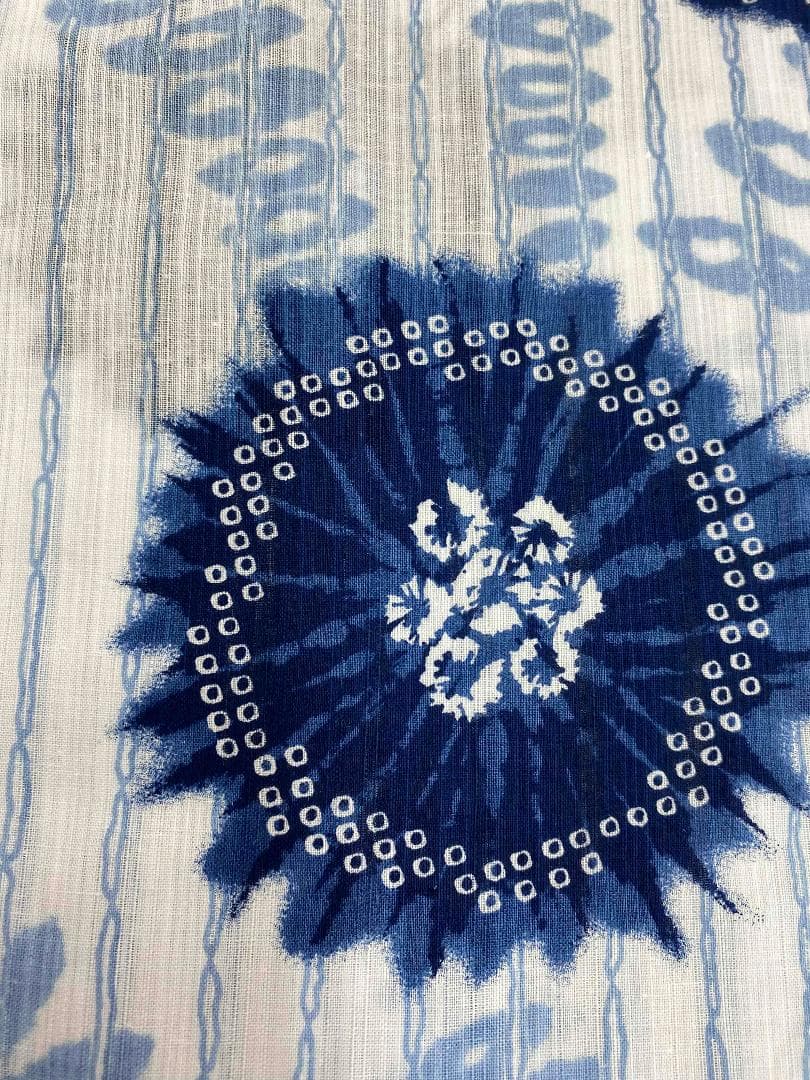 半額以下★最終価格★美術サロン高級浴衣 近江ちぢみ藍捺染 白紺　知多木綿　麻混