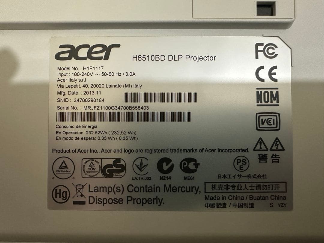 Acer H6510BD プロジェクター
