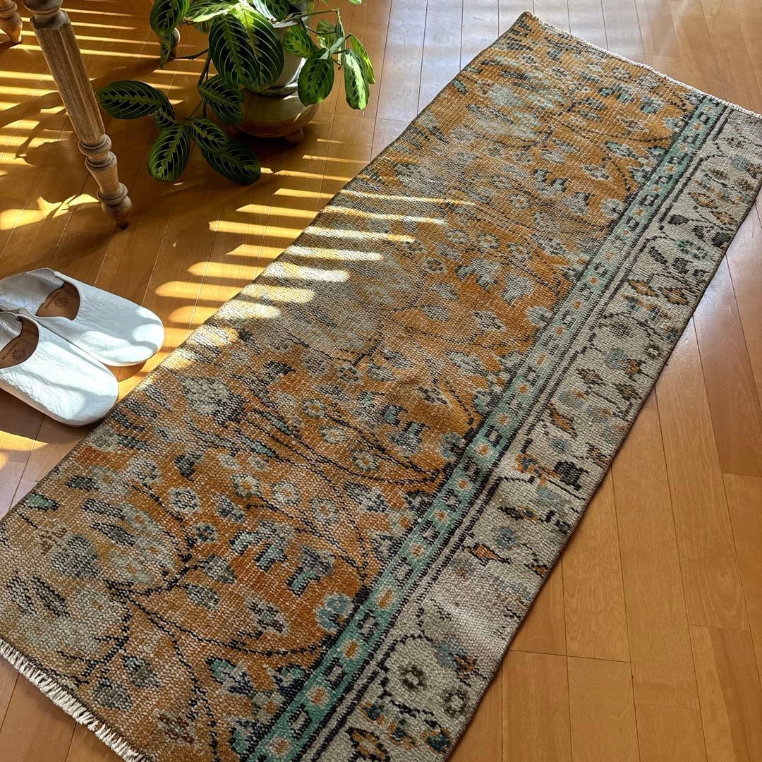 59×147オレンジボタニカル　擦れ　ランナー　トルコヴィンテージラグ