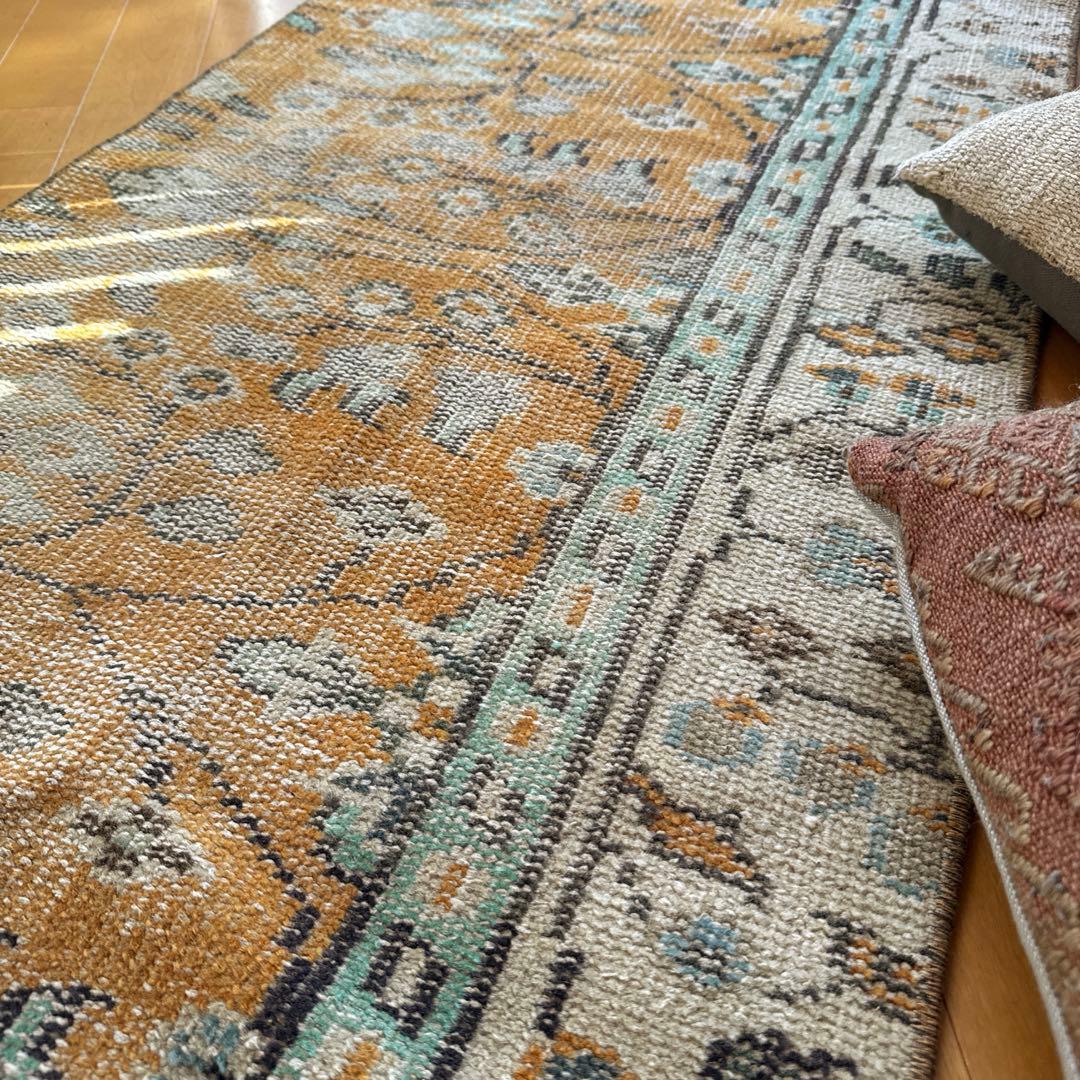 59×147オレンジボタニカル　擦れ　ランナー　トルコヴィンテージラグ