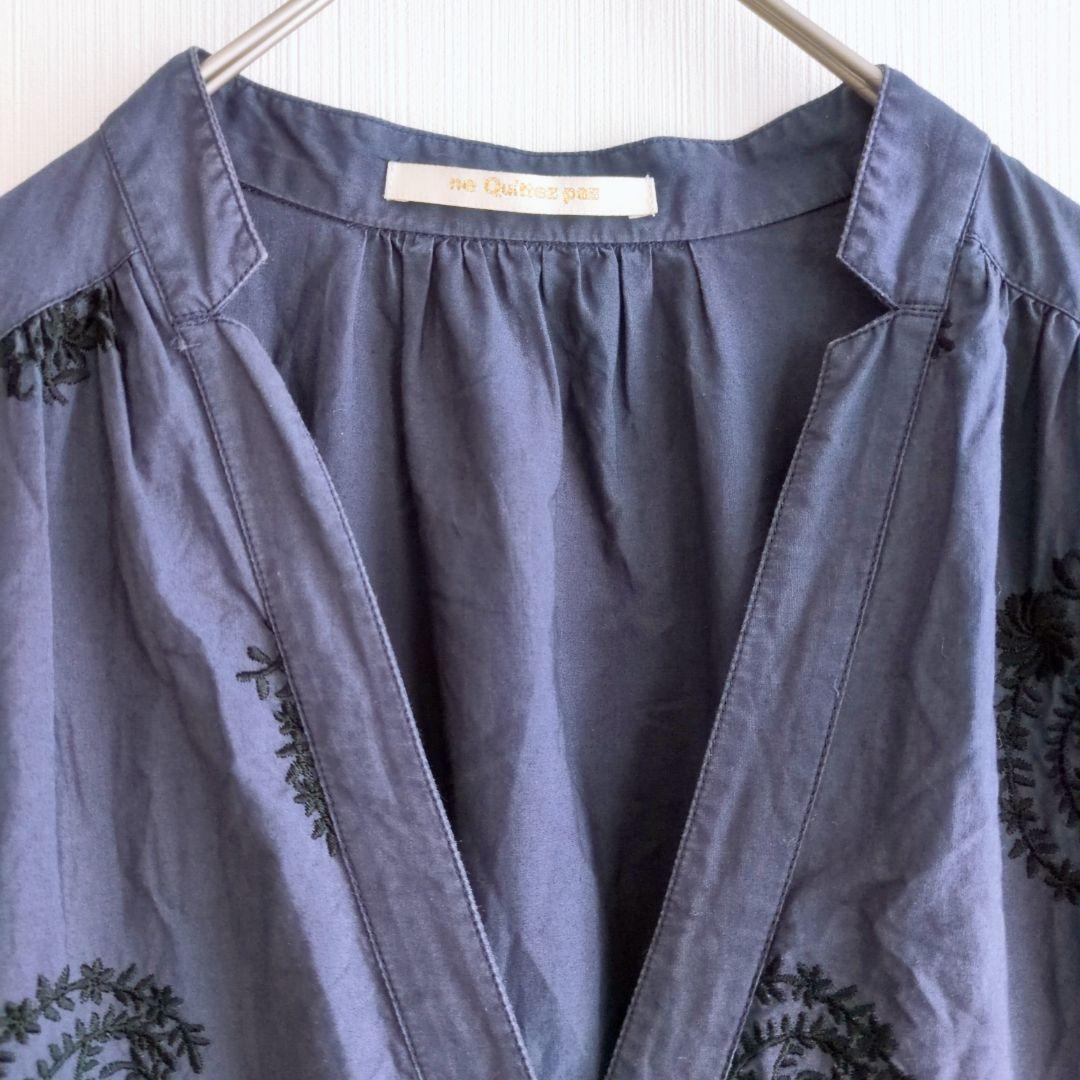 ヌキテパ 刺繍 ポプリンペイズリー ティアード ワンピース ネイビー