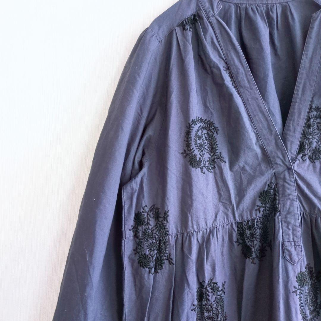 ヌキテパ 刺繍 ポプリンペイズリー ティアード ワンピース ネイビー