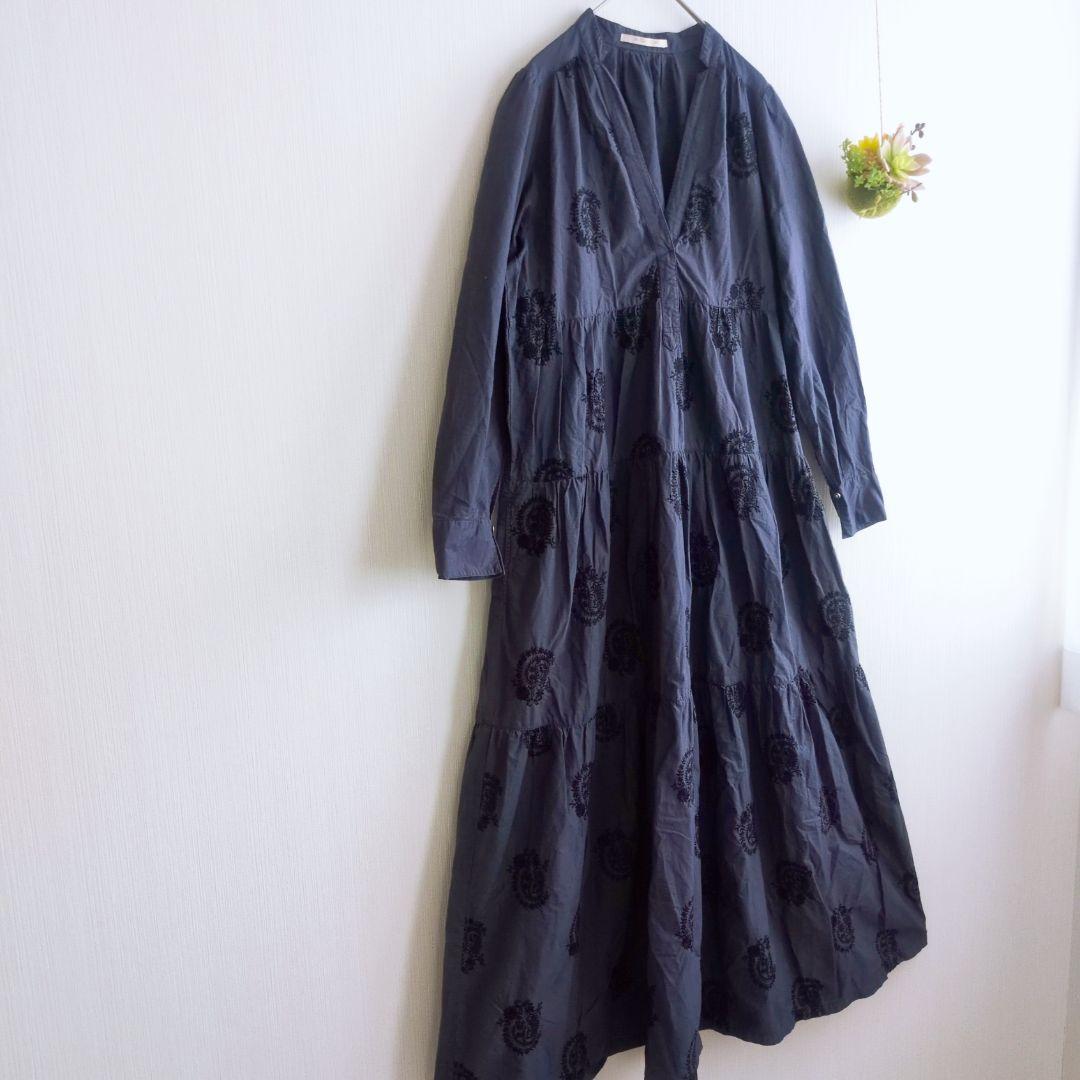 ヌキテパ 刺繍 ポプリンペイズリー ティアード ワンピース ネイビー