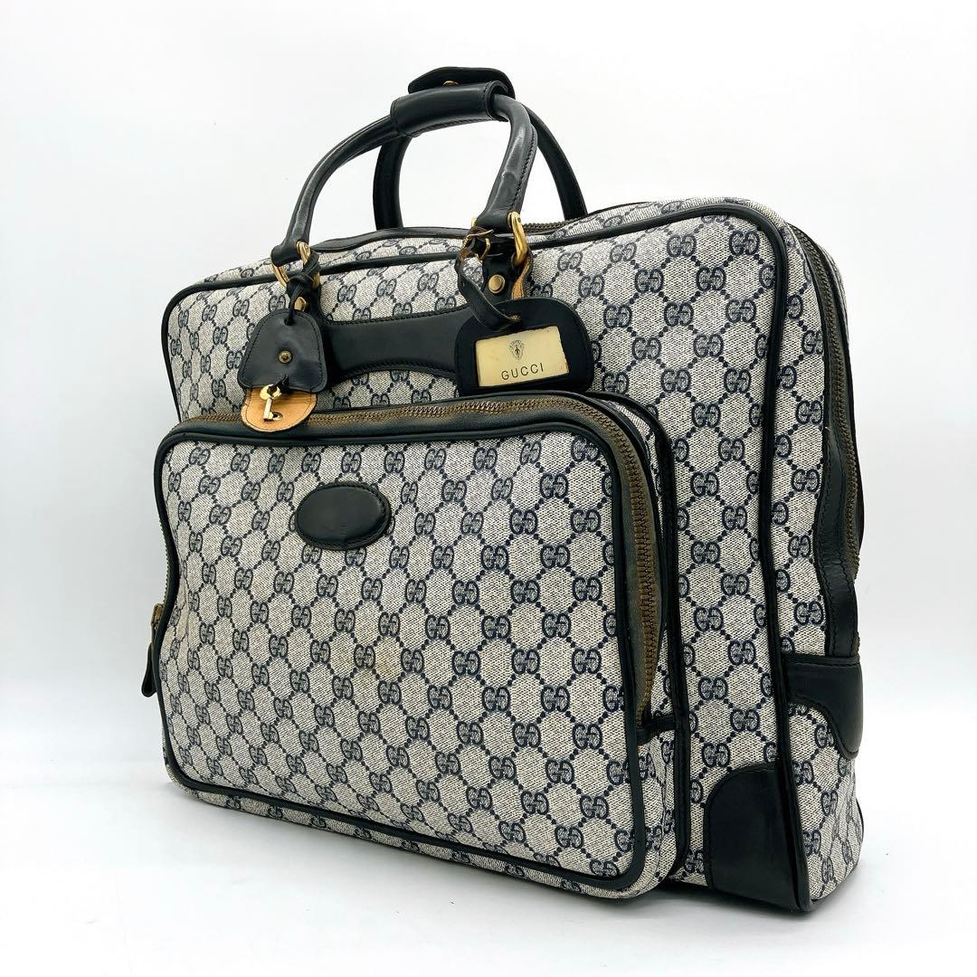 【GUCCI】ボストンバッグ　GGスプリーム　ゴールド金具　PVC ネイビー