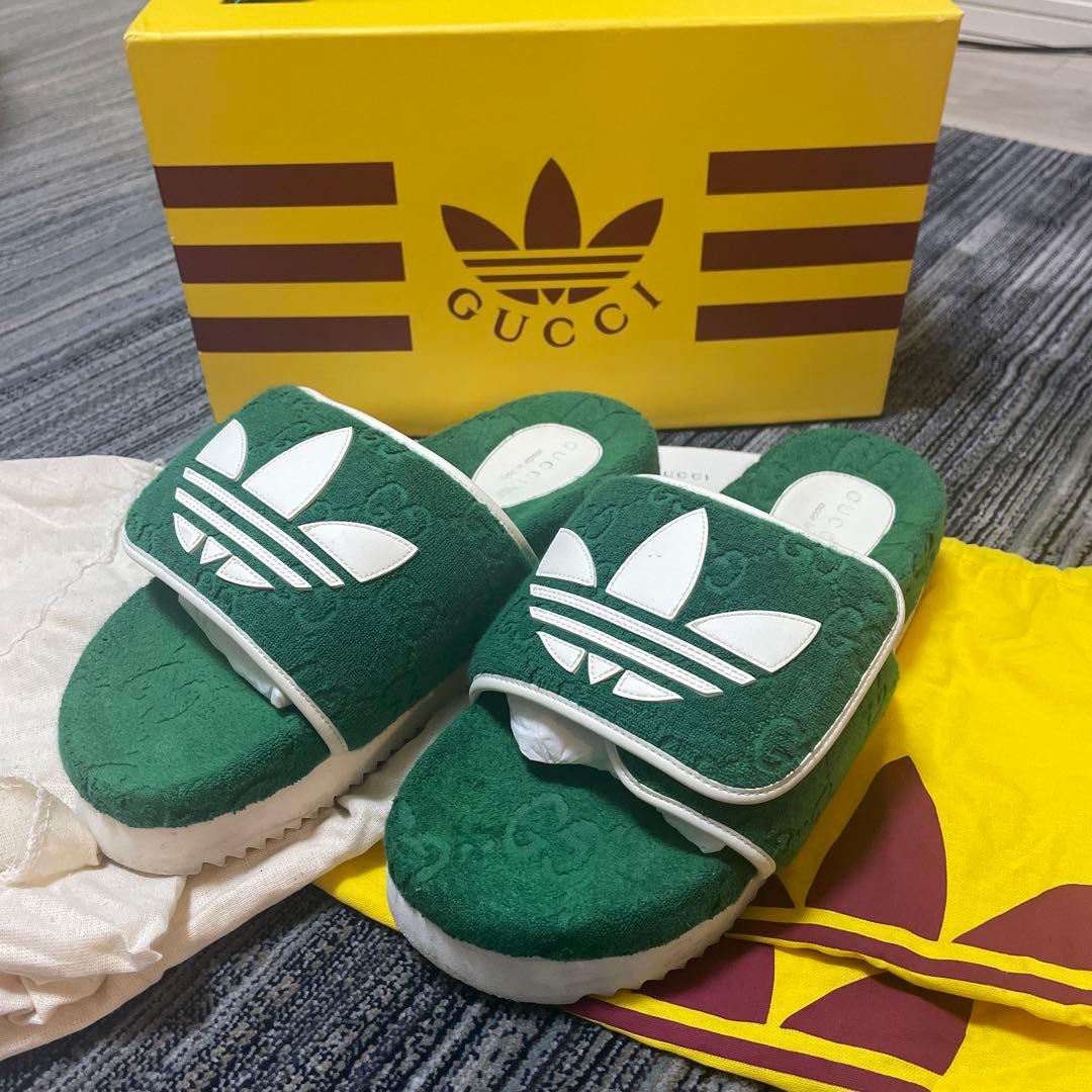 【美品】グッチ　アディダス　パイル地 プラットフォームサンダル グリーン