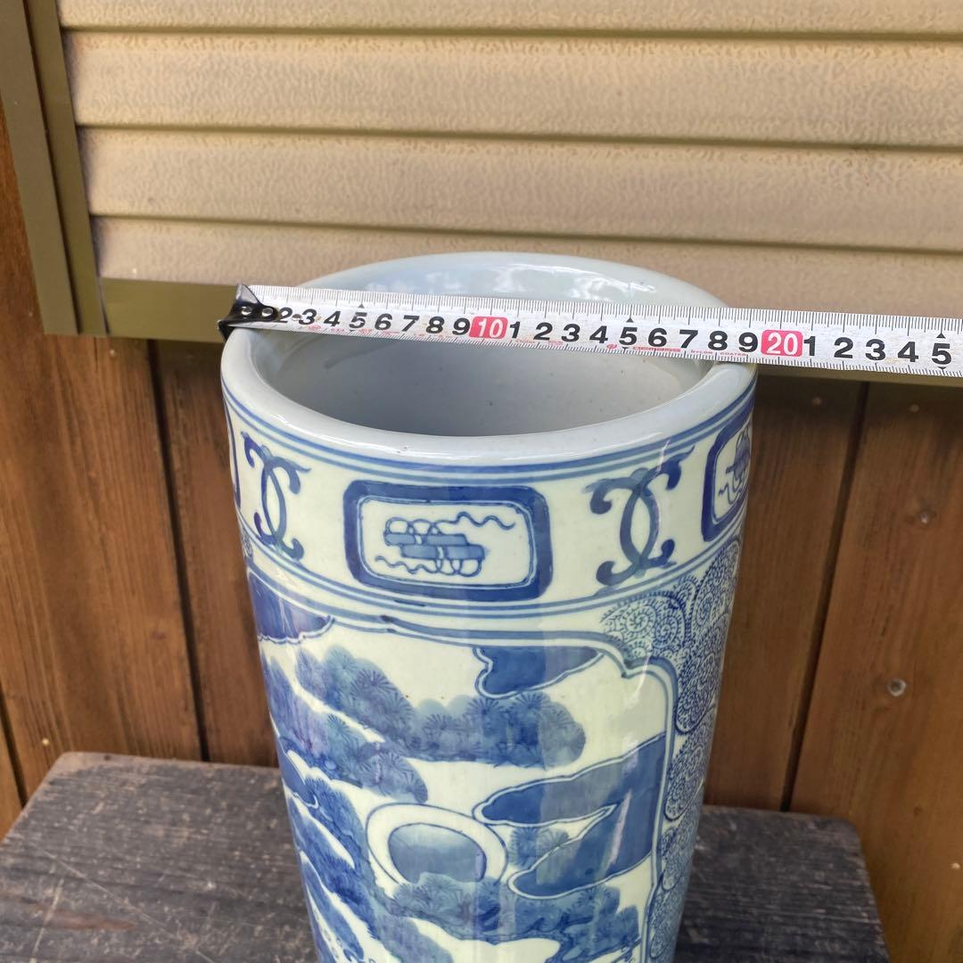 傘立て　染め付け　陶磁器　和風　骨董　青白　うさぎ　松　海