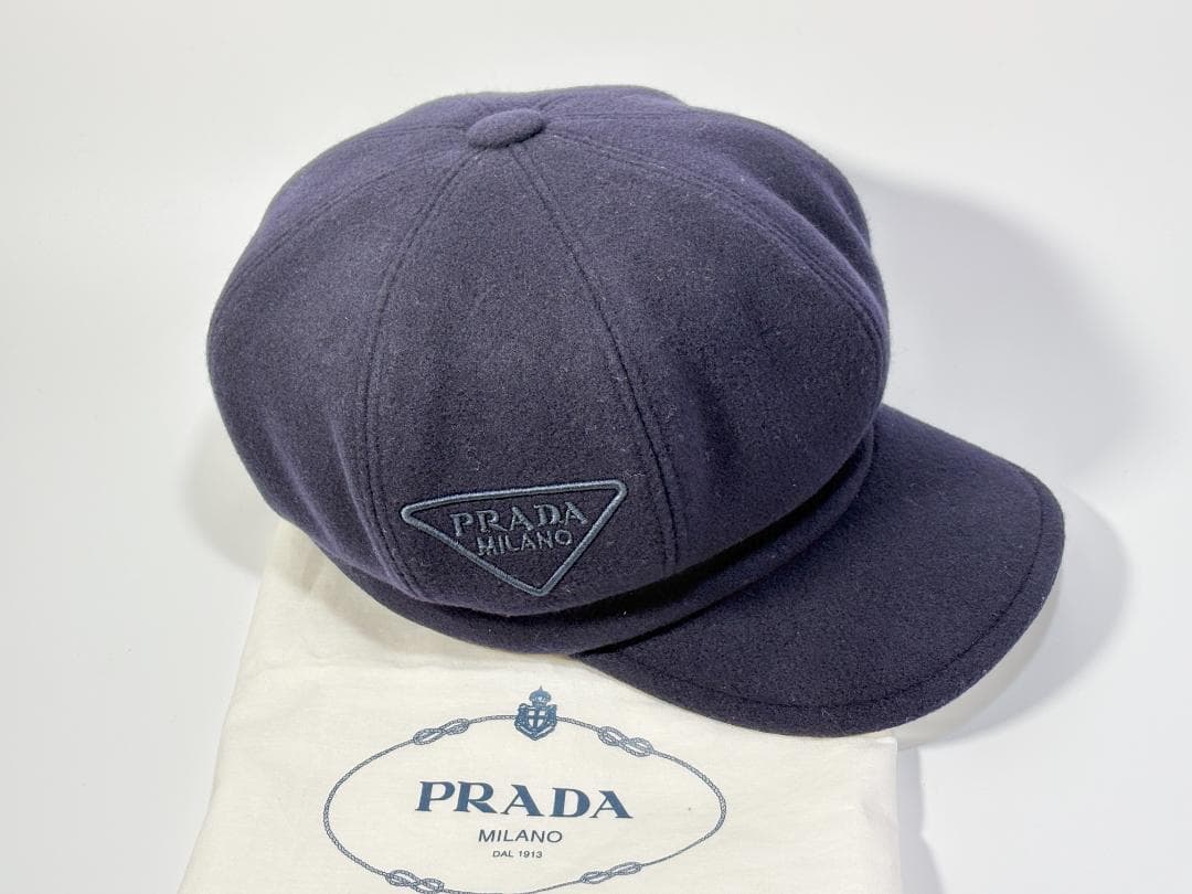 美品 PRADA プラダ カシミヤ混 キャスケット ウール ネイビー Sサイズ