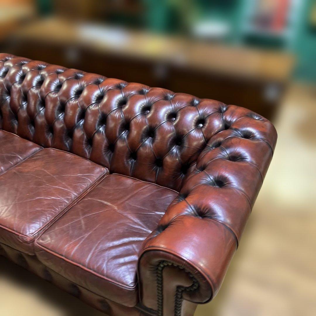 【英国】チェスターフィールド3人掛けソファ◆美品◇本革◆