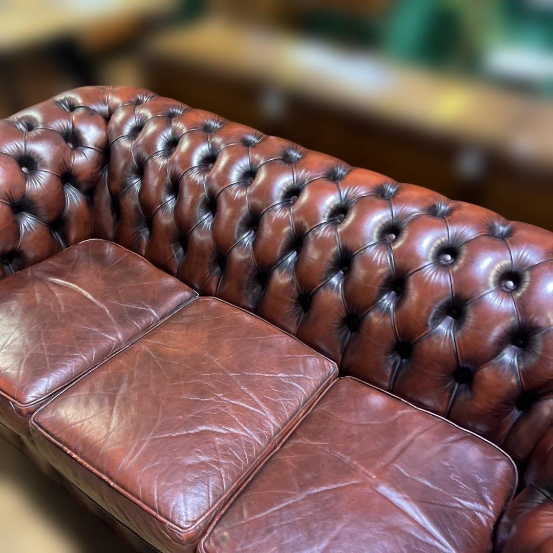 【英国】チェスターフィールド3人掛けソファ◆美品◇本革◆