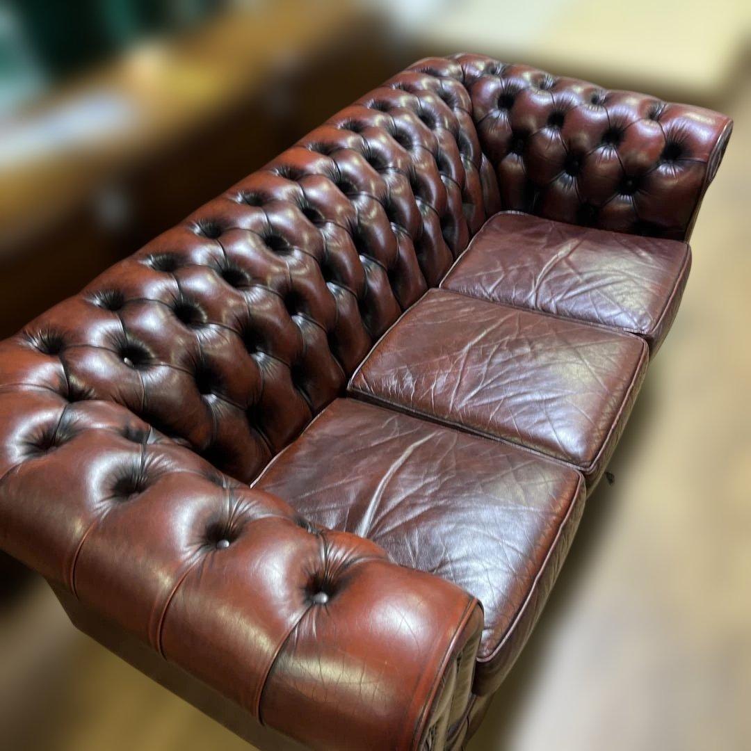 【英国】チェスターフィールド3人掛けソファ◆美品◇本革◆