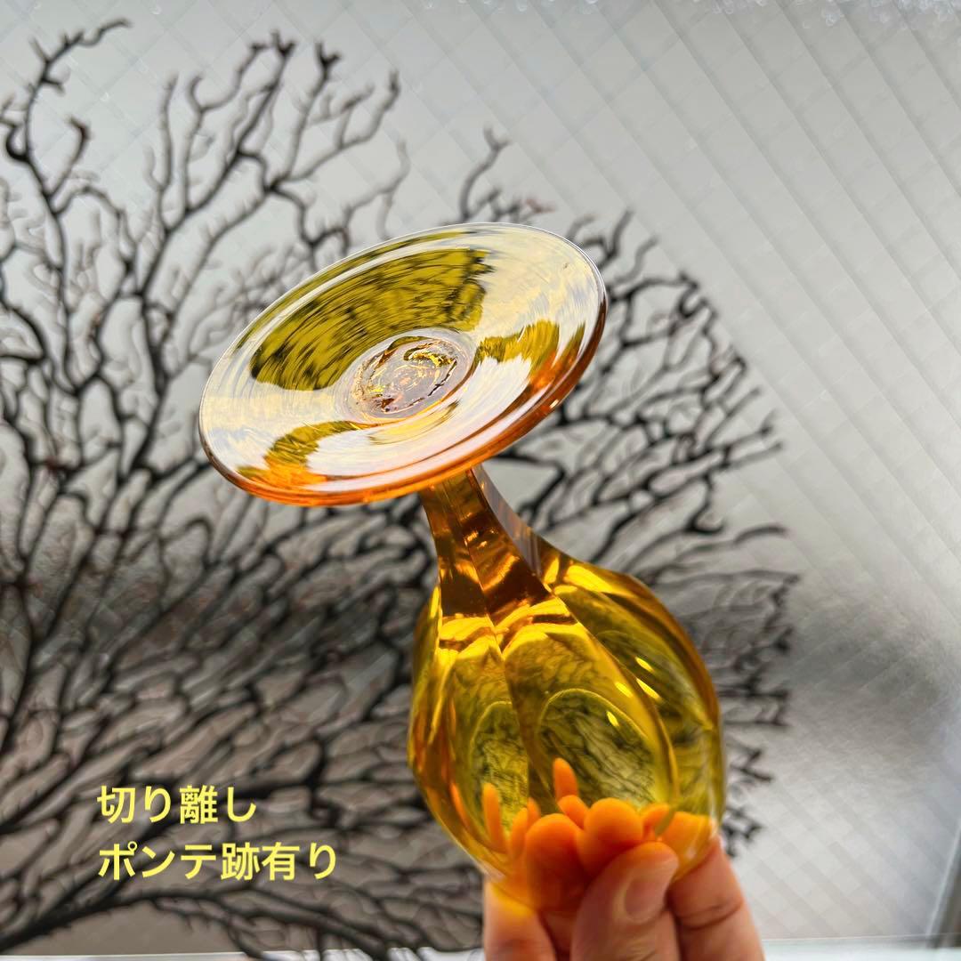 骨董　時代ガラス　希少鼈甲色　ライトアンバー飴色　オーバルカット　切子　ウラン