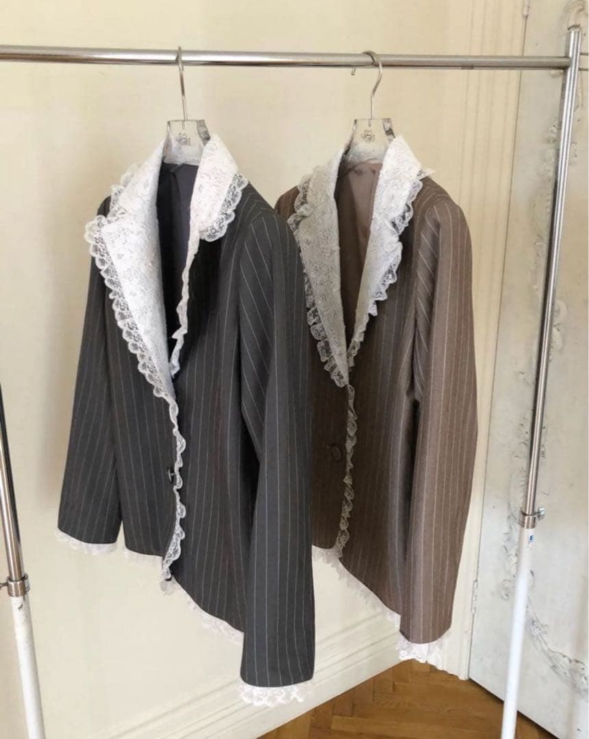 Treat Ürself lace stripe jacket グレー タグ付
