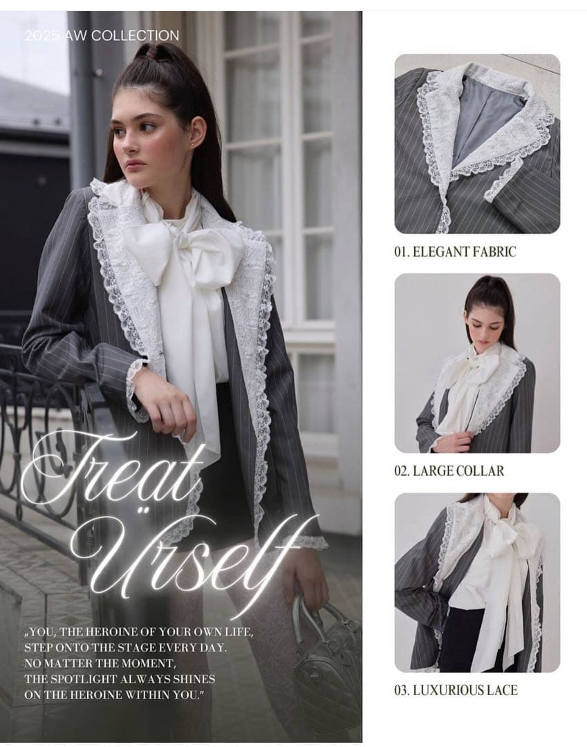 Treat Ürself lace stripe jacket グレー タグ付