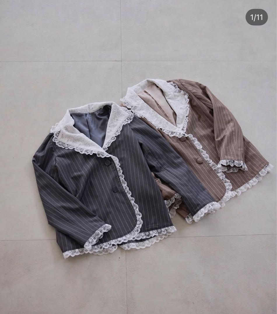 Treat Ürself lace stripe jacket グレー タグ付