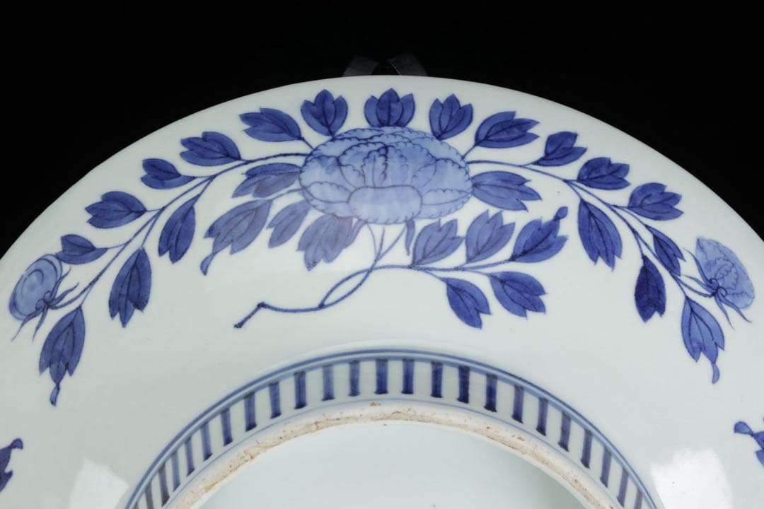 鍋島染付 牡丹文 大皿 藍鍋島 後期鍋島 櫛高台 古伊万里 絵皿 古美術 骨董品