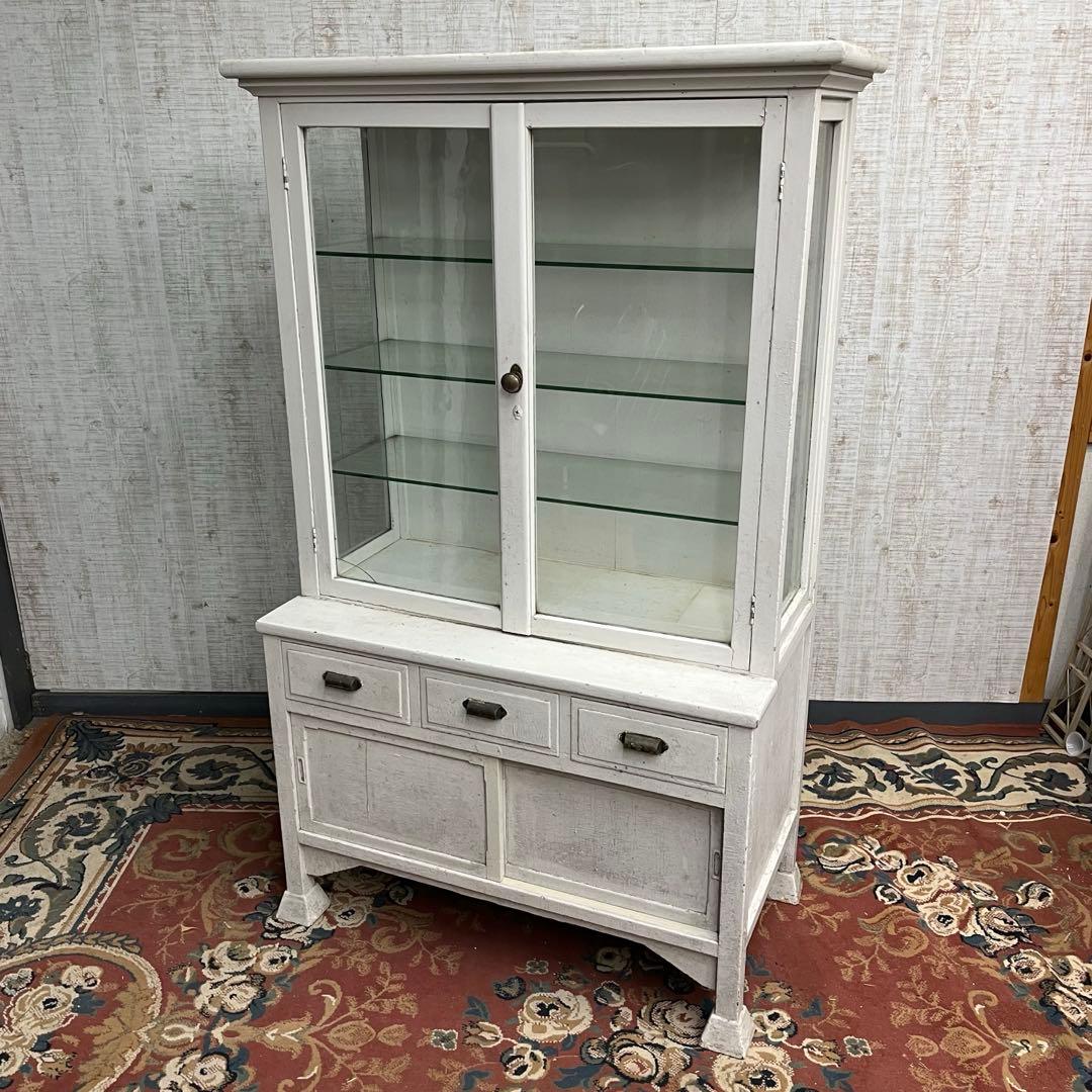 【アンティーク】ドクターキャビネット 医療棚 飾り棚 シャビー ガラス 古家具