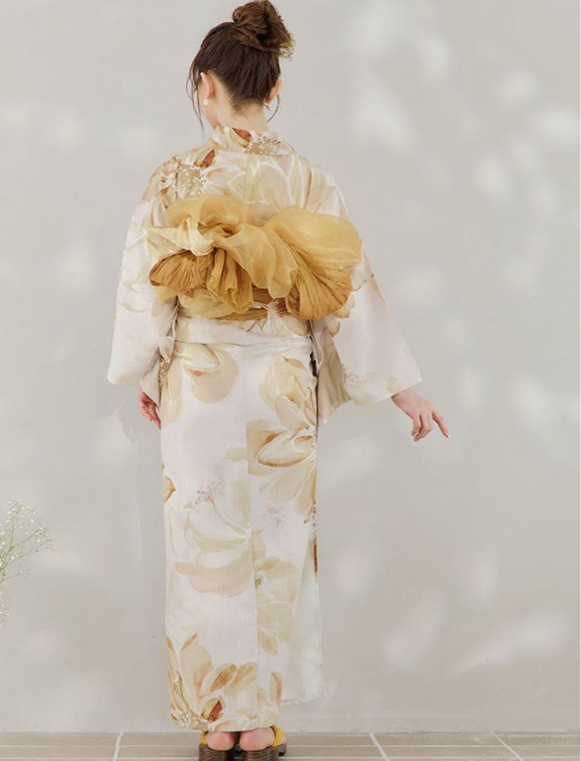 sugar 浴衣　水彩イエローフラワー浴衣　浴衣セット　兵児帯つき　4点セット