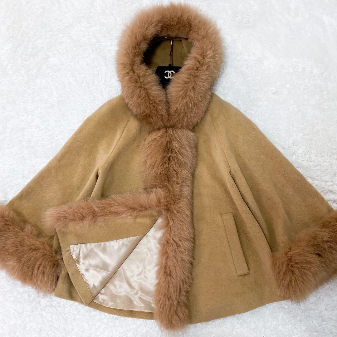 極美品 ダイアグラム アンゴラファーコート ポンチョ フォックスファー キャメル