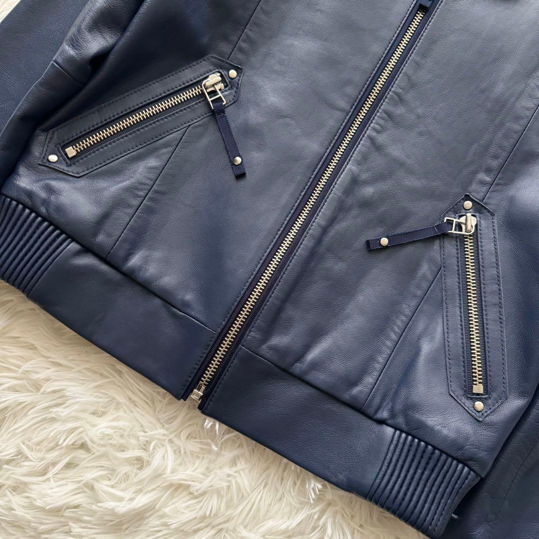 【ランバンオンブルー】レザージャケット アウター フリル ラムレザー 36 紺