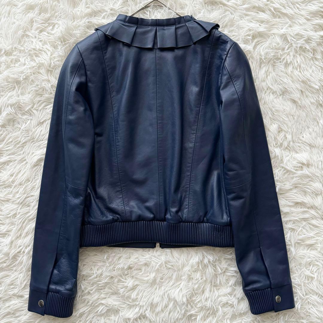 【ランバンオンブルー】レザージャケット アウター フリル ラムレザー 36 紺