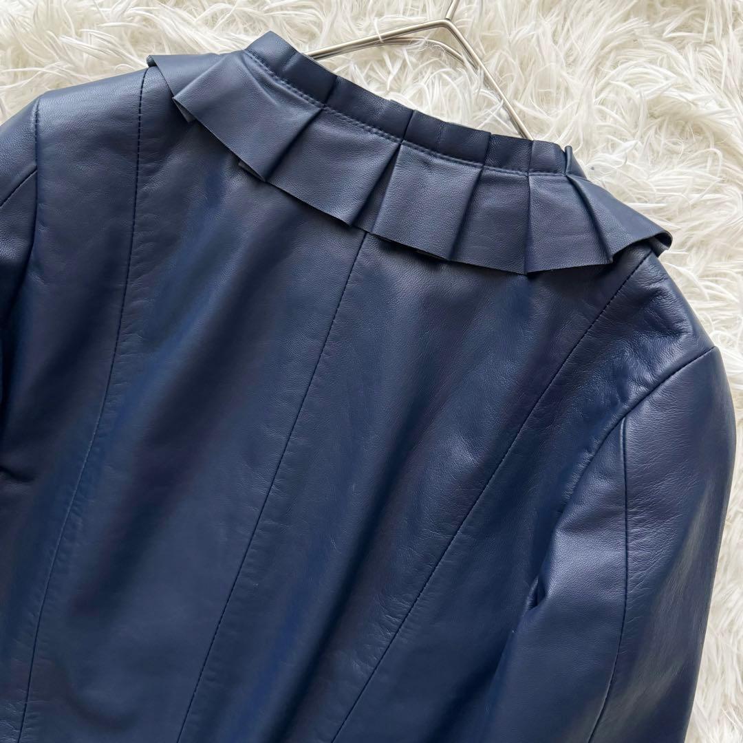 【ランバンオンブルー】レザージャケット アウター フリル ラムレザー 36 紺