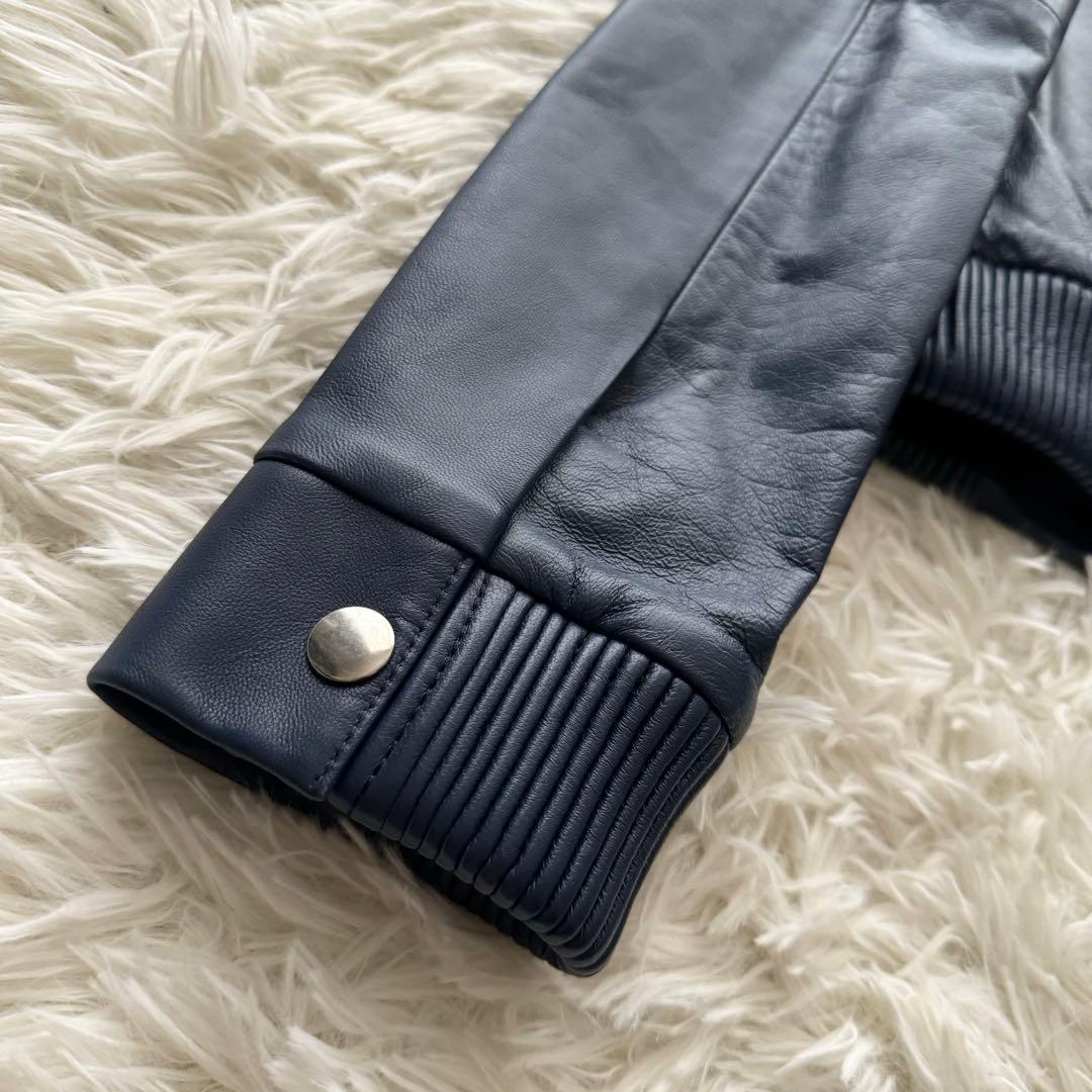 【ランバンオンブルー】レザージャケット アウター フリル ラムレザー 36 紺