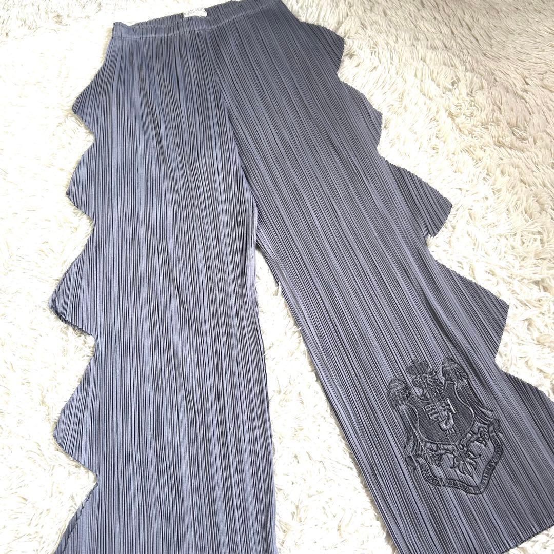 【美品】プリーツプリーズ 希少 変形 ギザギザ 型押し パンツ グレー 1