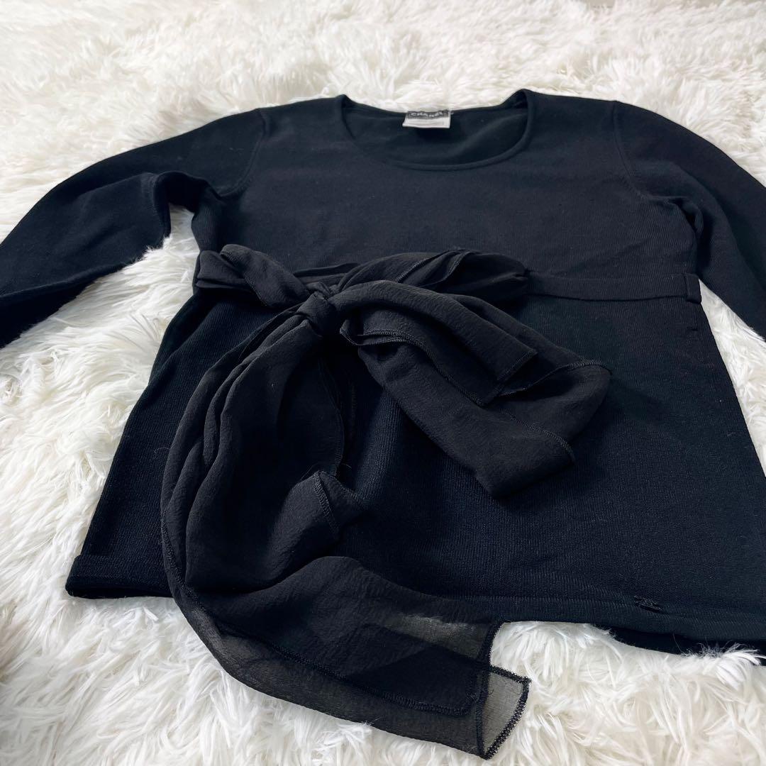 シャネル　CHANEL カットソー　ウエストリボン　袖リボン　ブラウン　黒