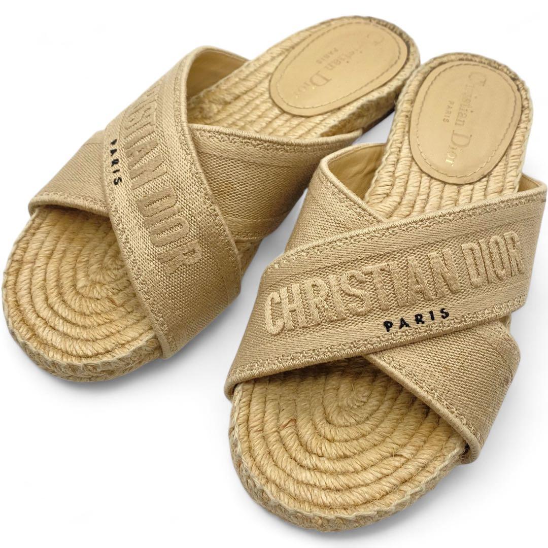 【良品】クリスチャンディオール・サンダル・エスパドリーユ・ロゴ・ベージュ