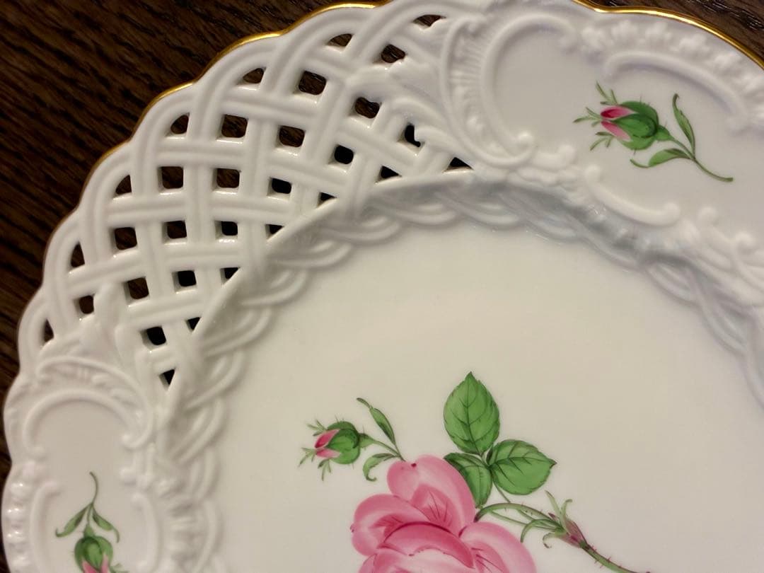 マイセン　ピンクローズ　21cm レースプレート 金彩エッジ