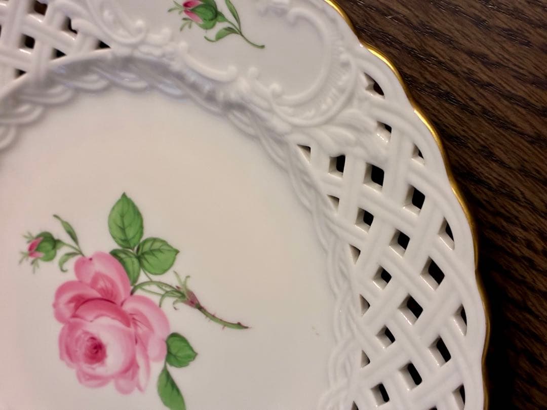 マイセン　ピンクローズ　21cm レースプレート 金彩エッジ