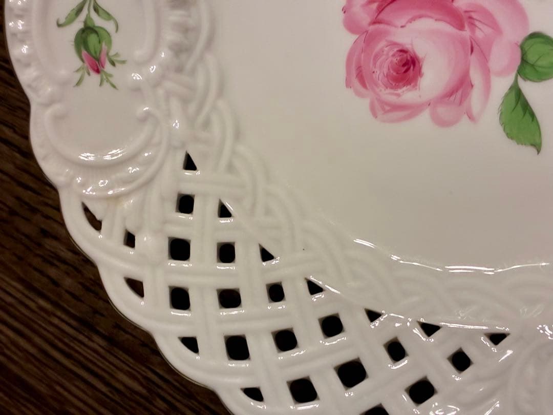 マイセン　ピンクローズ　21cm レースプレート 金彩エッジ